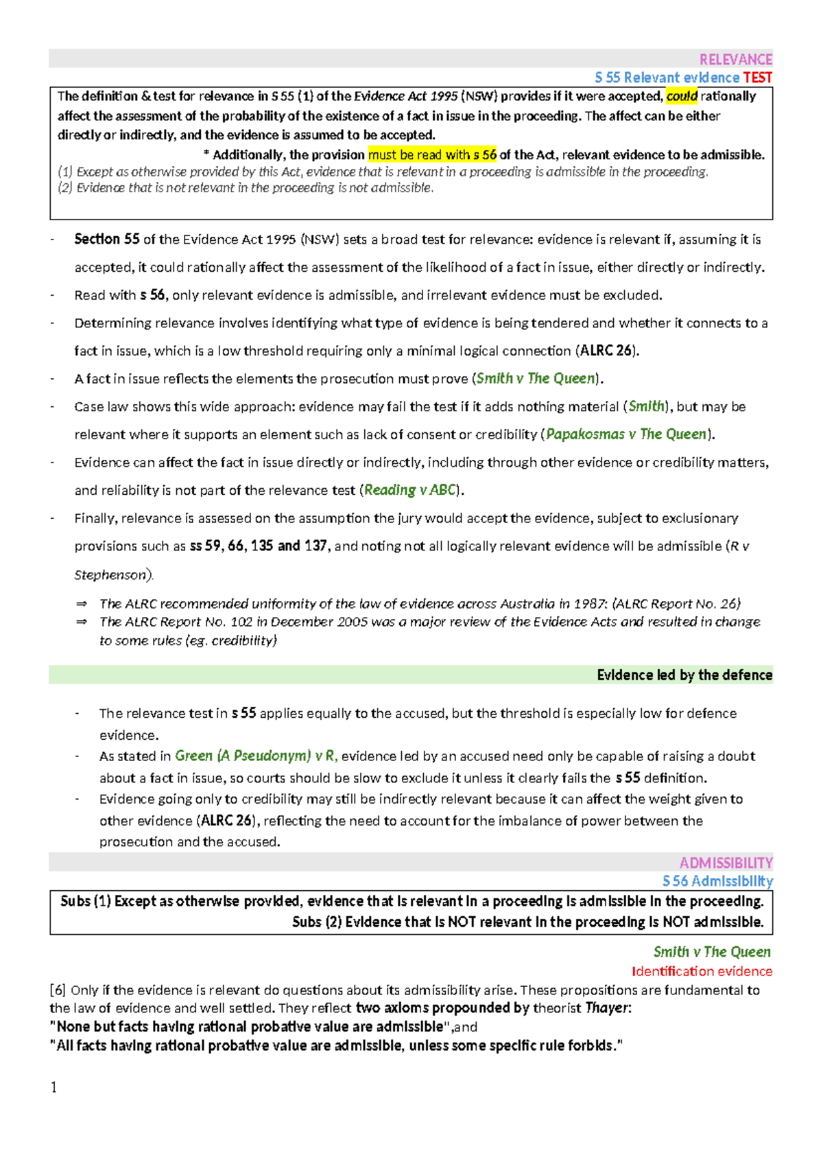 Exam Summary Evidence LLB3301: Relevance and Admissibility in Evidence ...