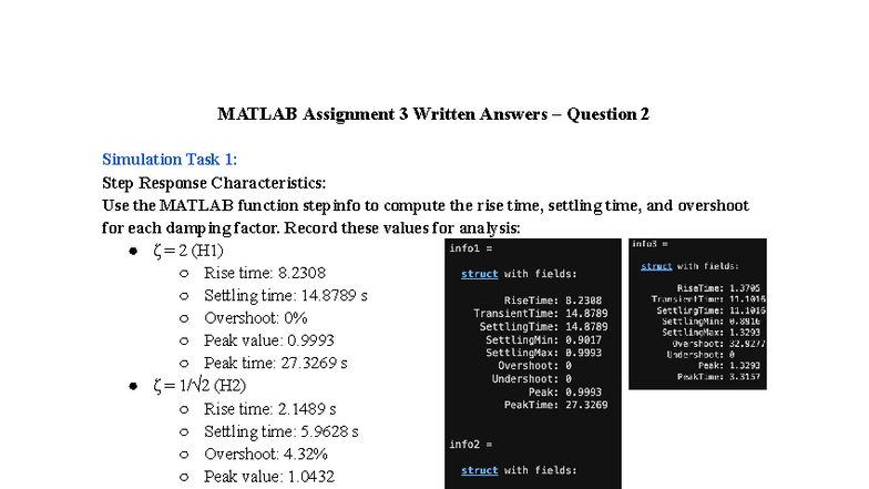 MATLAB Assignment 3: Step Response Analysis and Characteristics - Studocu