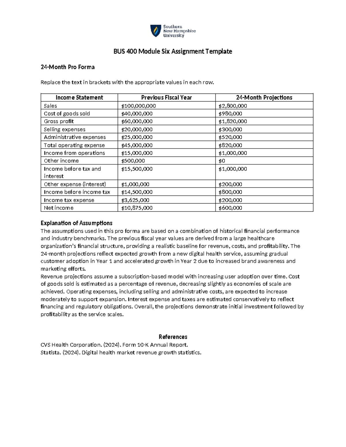 BUS 400 Module Six Pro Forma Income Statement Projections - Studocu