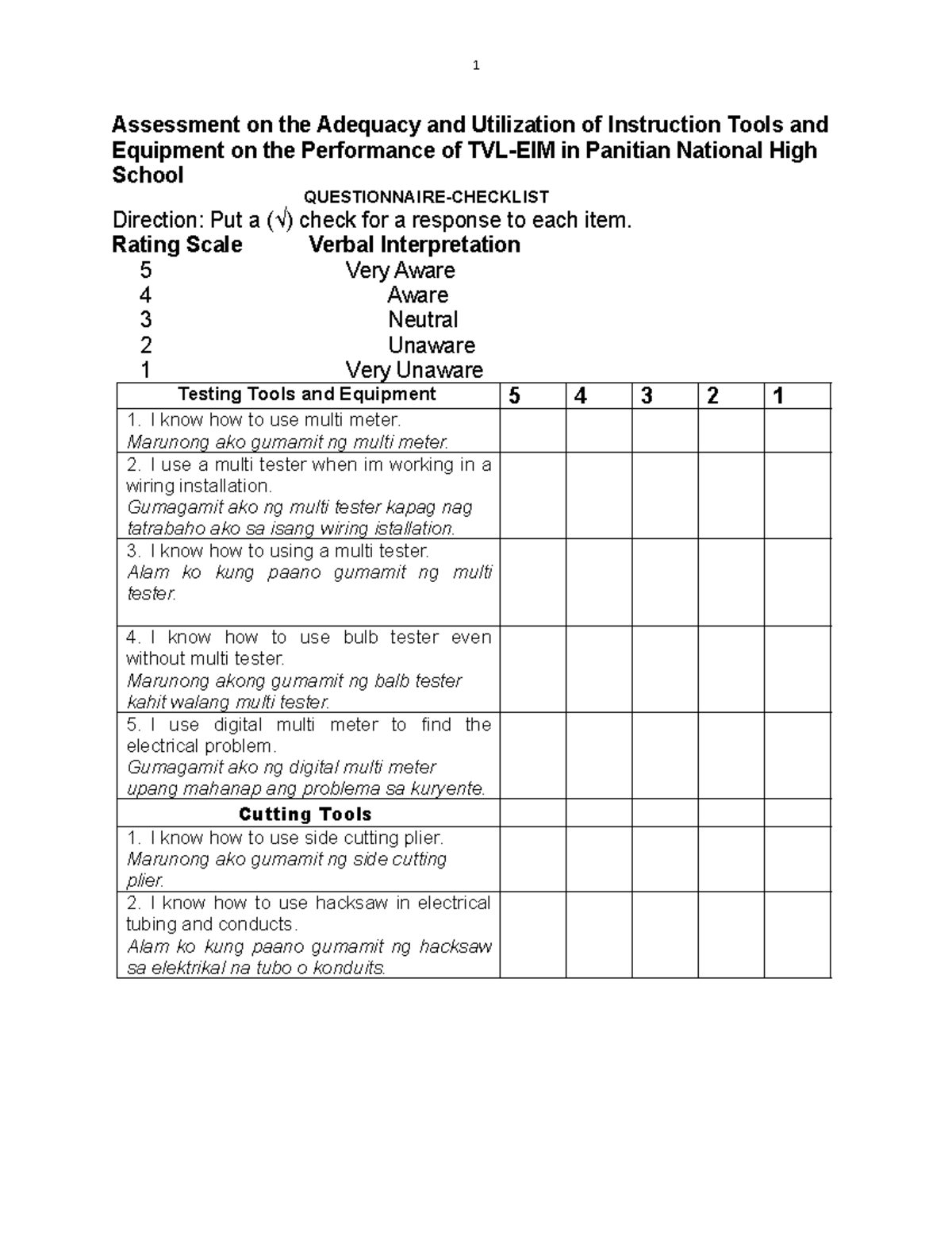 Assessment Questionnaire on Instruction Tools for TVL-EIM 12 - Studocu
