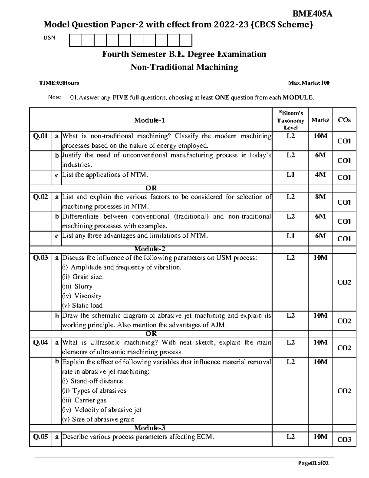 BME405A Fourth Sem Exam Model Questions on Machining Processes - Studocu