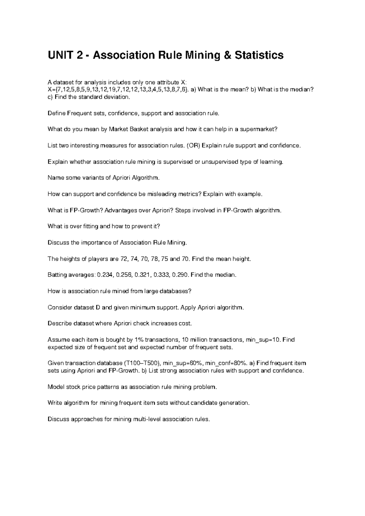 Unit 2 & 3: Association Rule Mining Q&A for Stats Analysis - Studocu