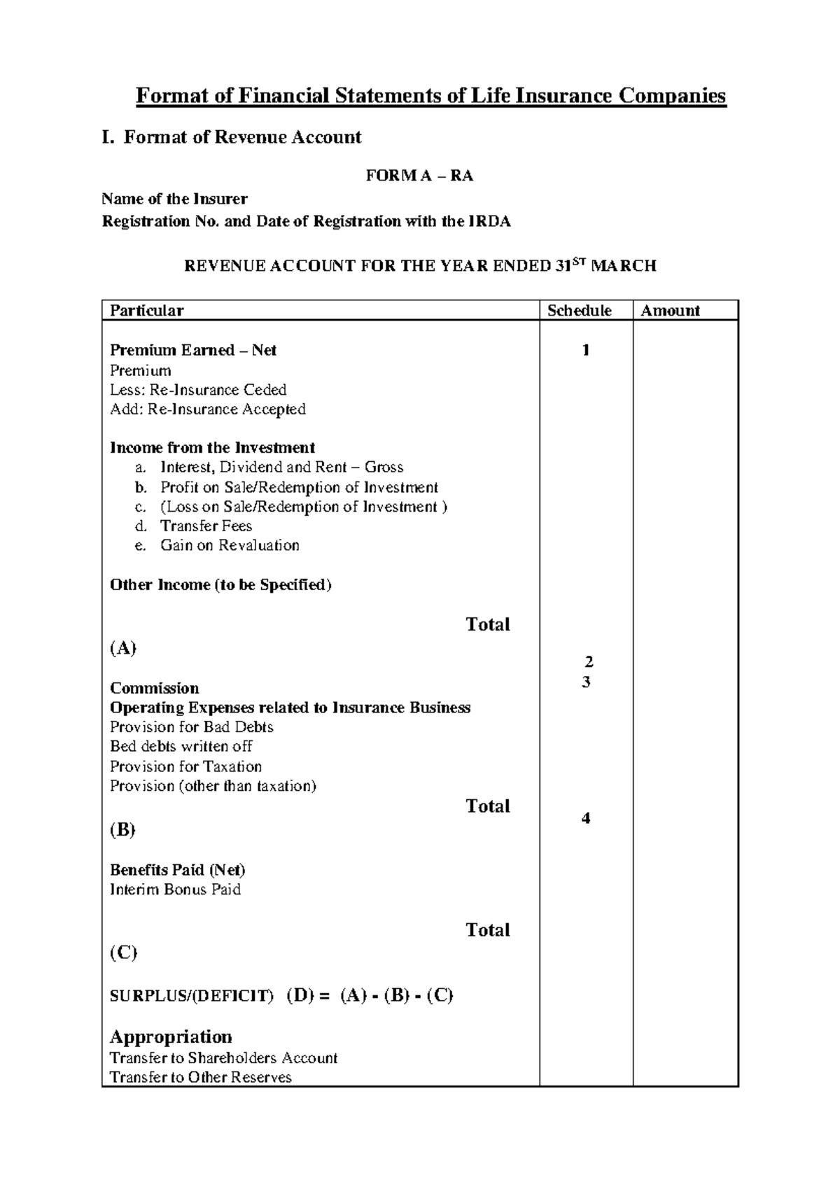 Format of Final Accounts Life Insurance Companies - Format of Financial ...