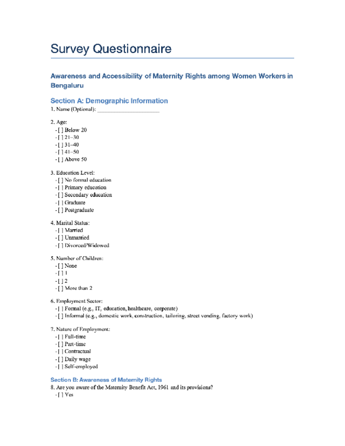 Survey Questionnaire on Maternity Rights Awareness - FARMT - Studocu