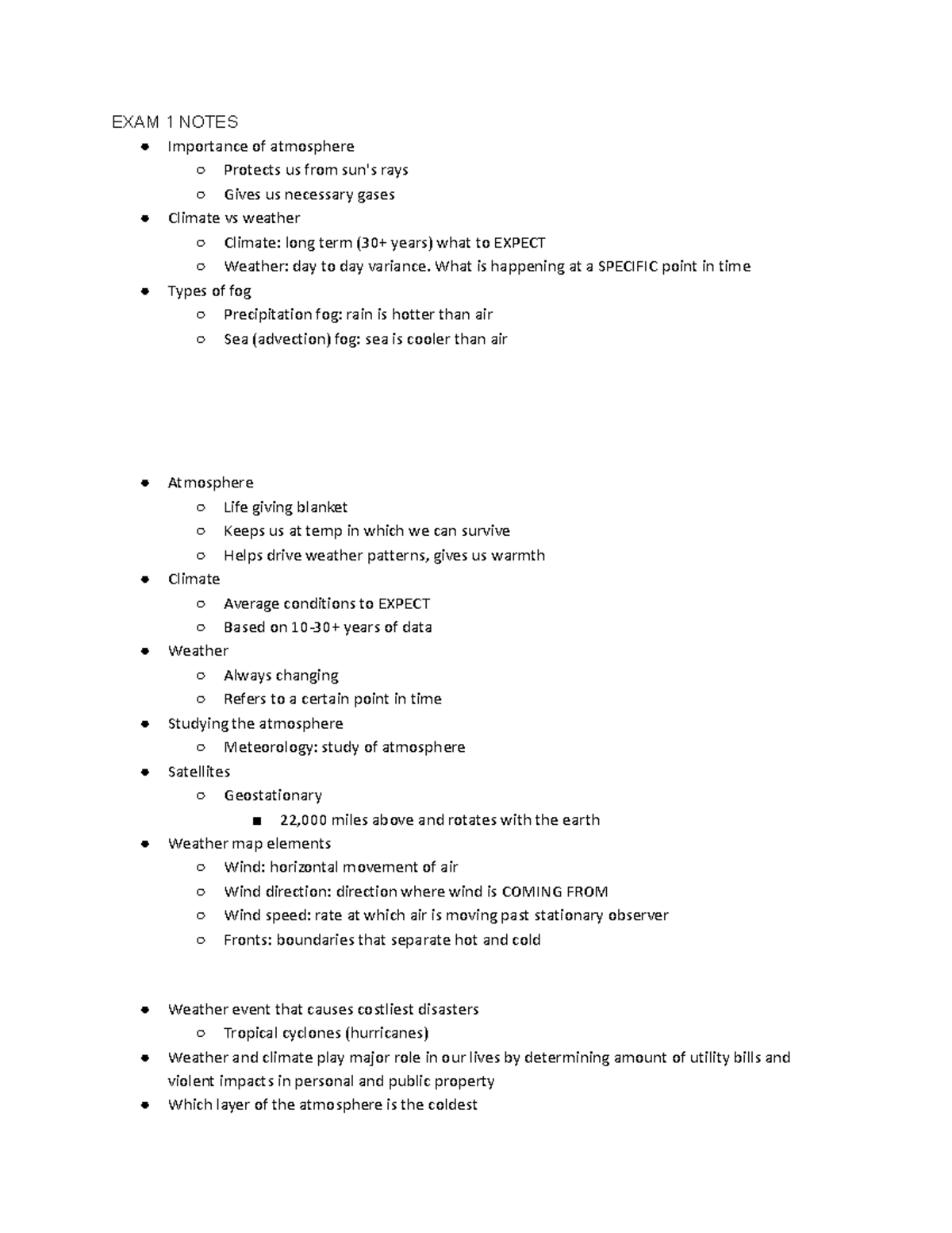 ATMO 201 exam 1 notes - EXAM 1 NOTES Importance of atmosphere Protects ...