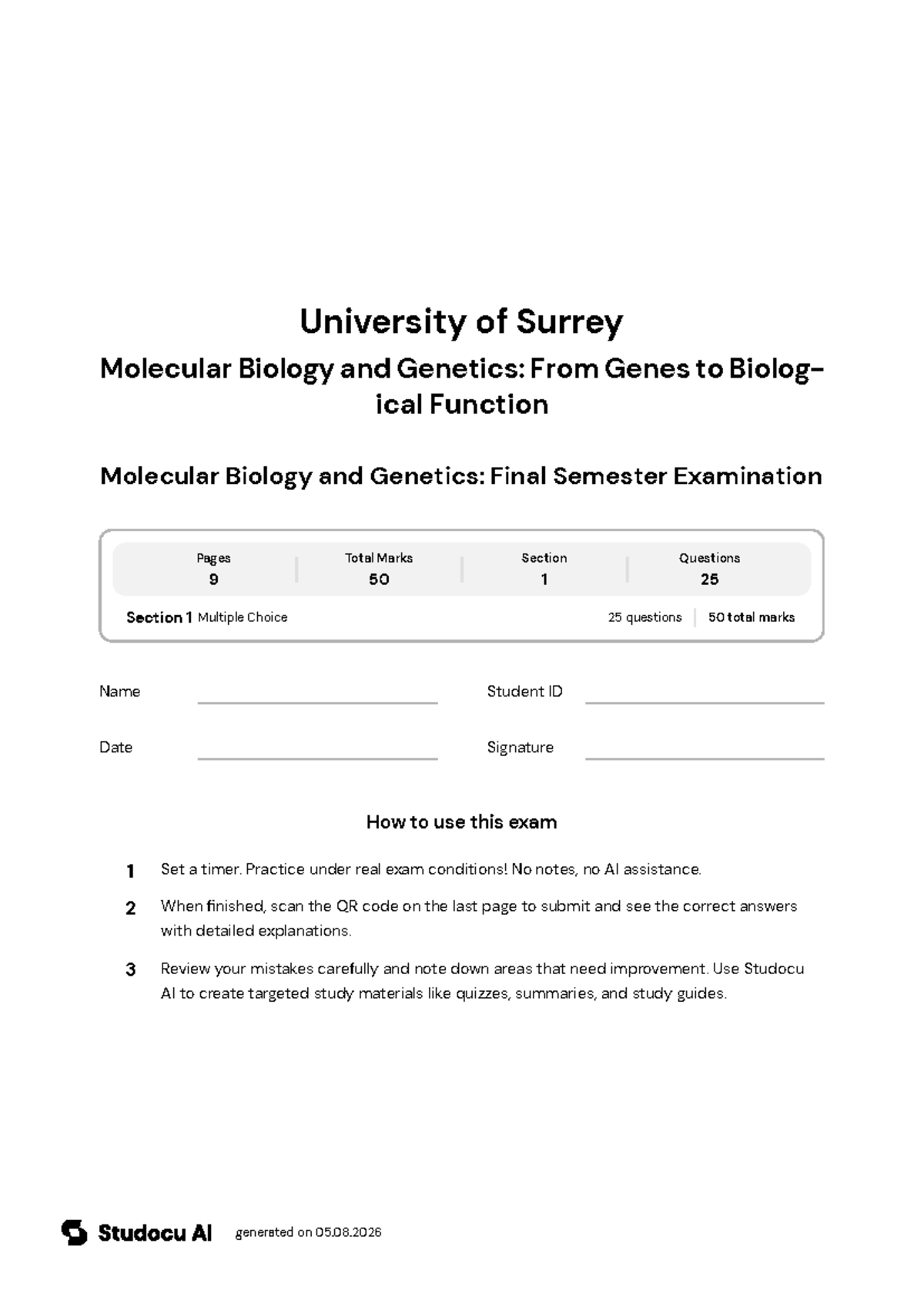 Molecular Biology and Genetics: Final Exam - Studocu