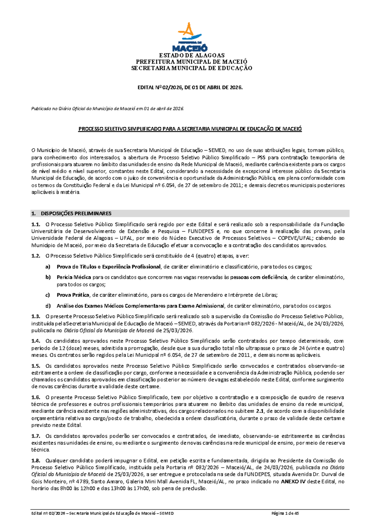 Edital PSS 2026 - Processo Seletivo Simplificado SEMED Maceió - Studocu