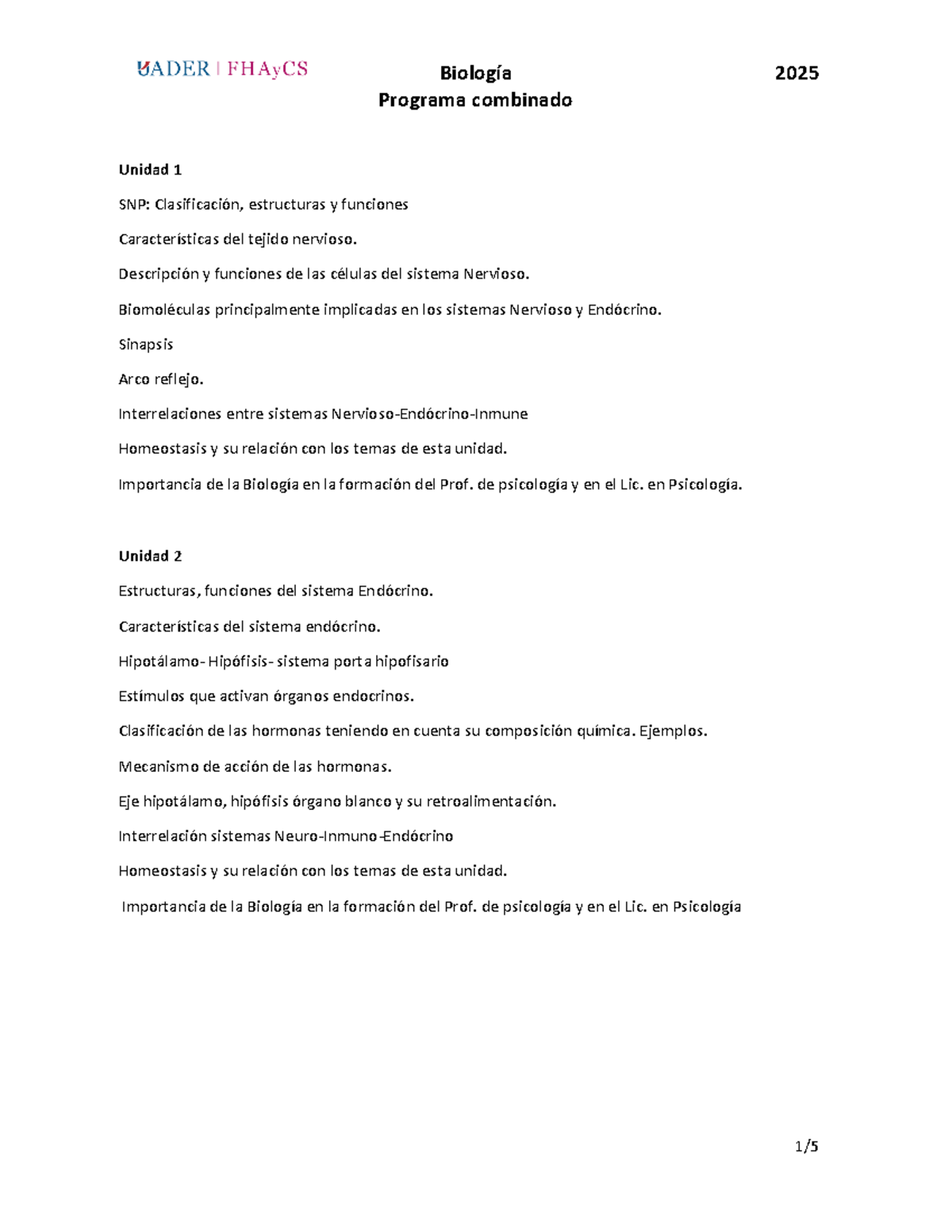 Biología Programa Combinado 2025: Unidades 1 a 8 - Resumen y Temas ...