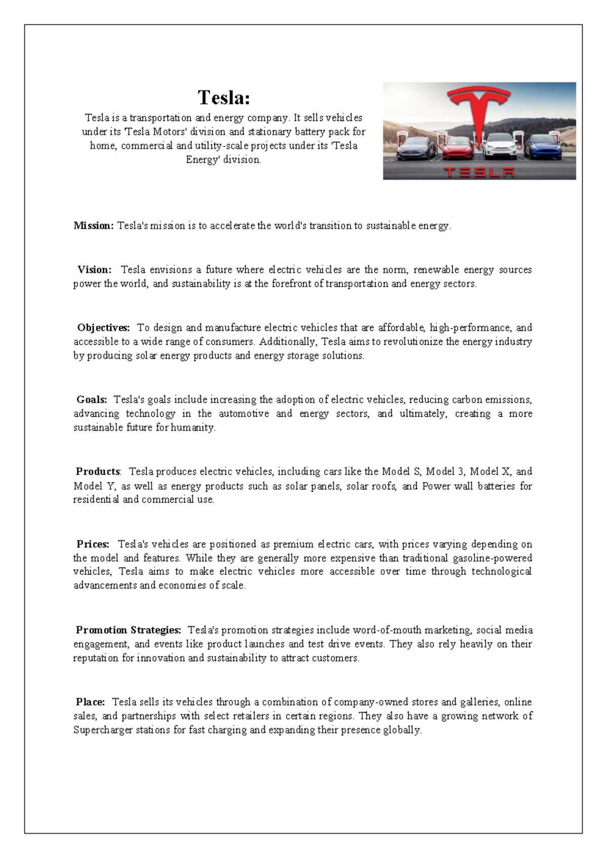 Tesla: Overview of Mission, Vision, Objectives, and Products - Studocu