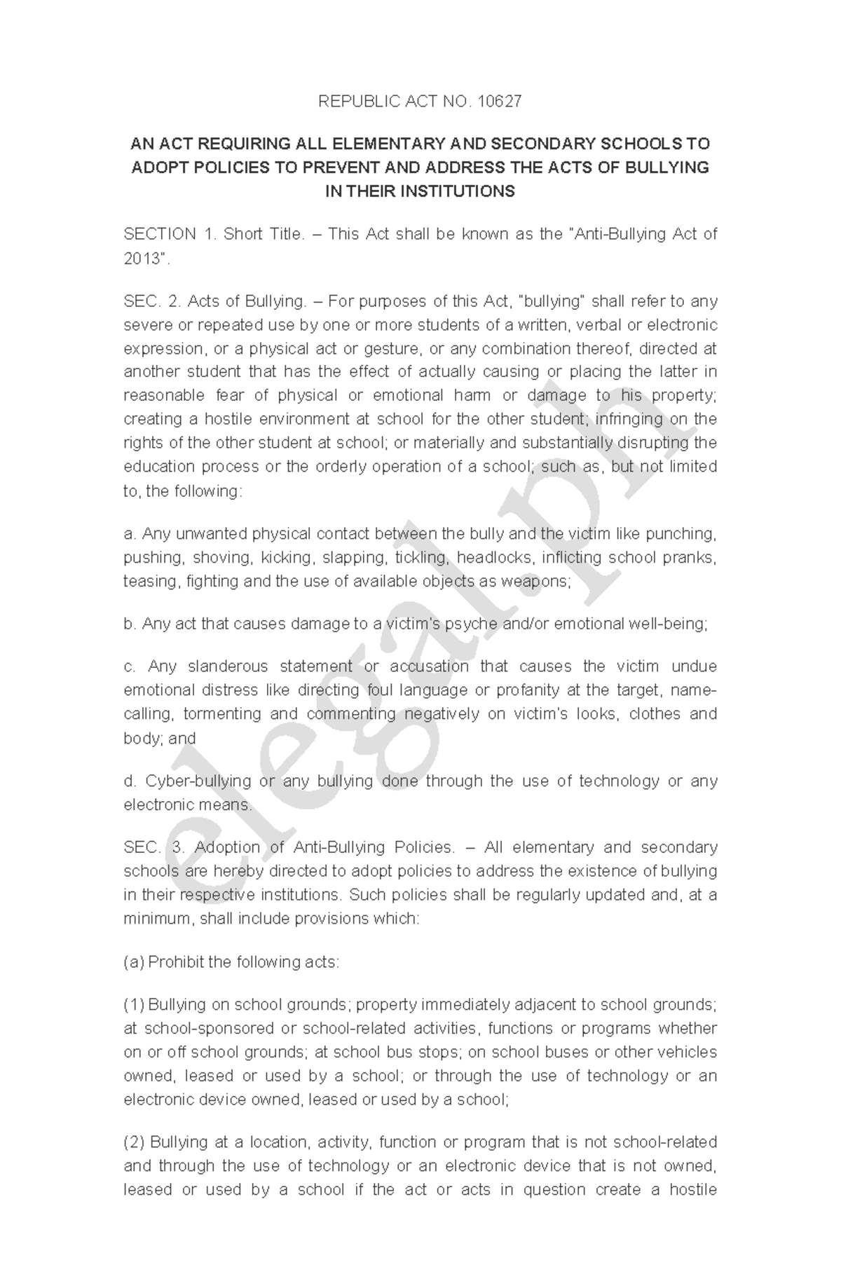 RA-10627 - Anti-Bullying Act of 2013: Requirements and Policies - Studocu