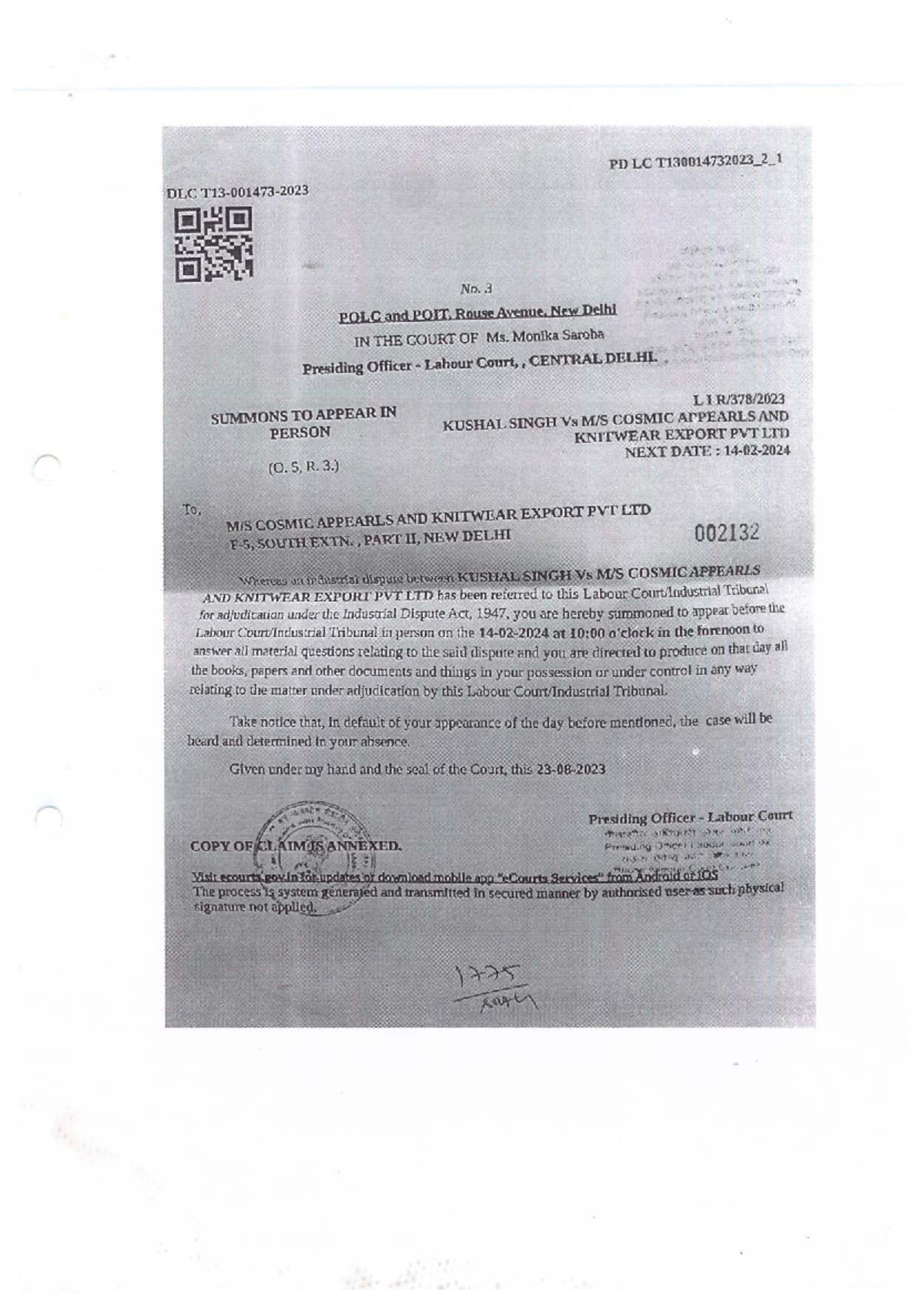 LC T130D14732023_2: Management Reply to Claim Petition in Labour Court ...