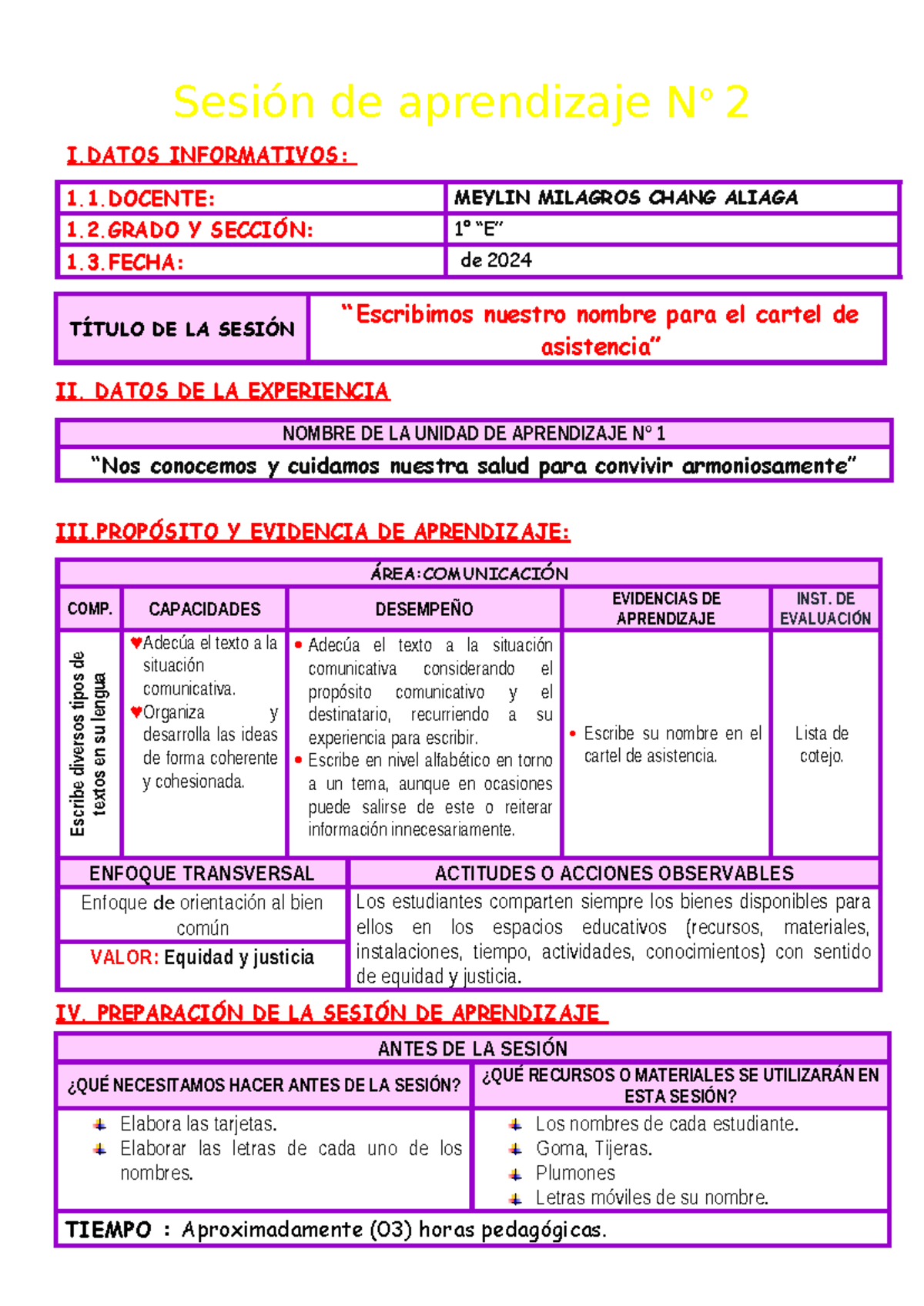 Sesión de Aprendizaje: Escribimos Nuestro Nombre en el Cartel de ...