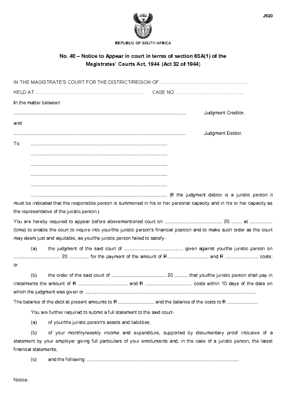 J920 Notice to Appear in Court - Section 65 Debt Review - Studocu