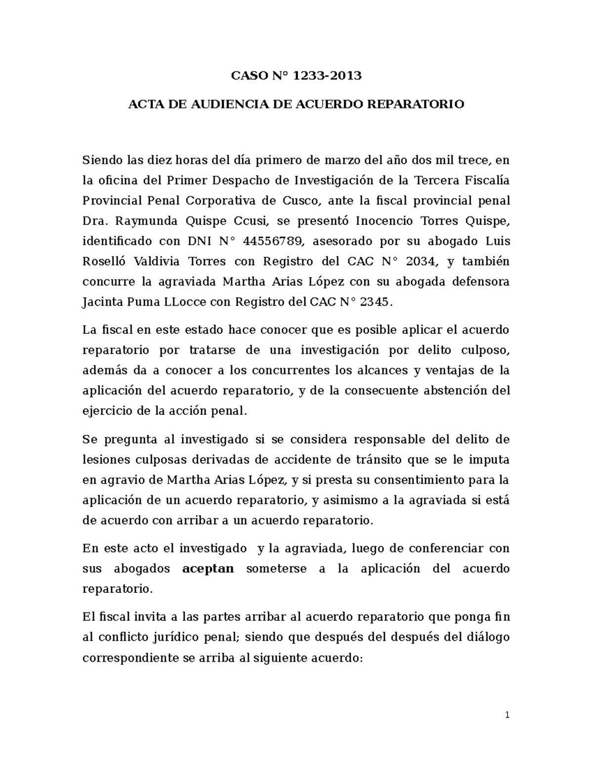 Modelo de Acta de Acuerdo Reparatorio - Caso N° 1233 - Document Preview