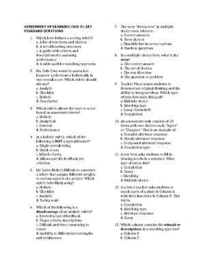 Assessment of Learning (DAY 3): LET Standard Questions and Answers ...
