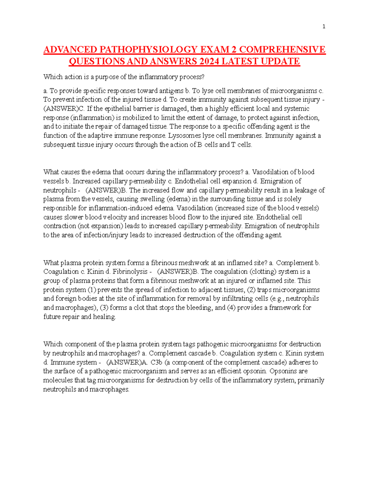 Advanced Pathophysiology EXAM 2 Study Guide: Key Questions & Answers ...