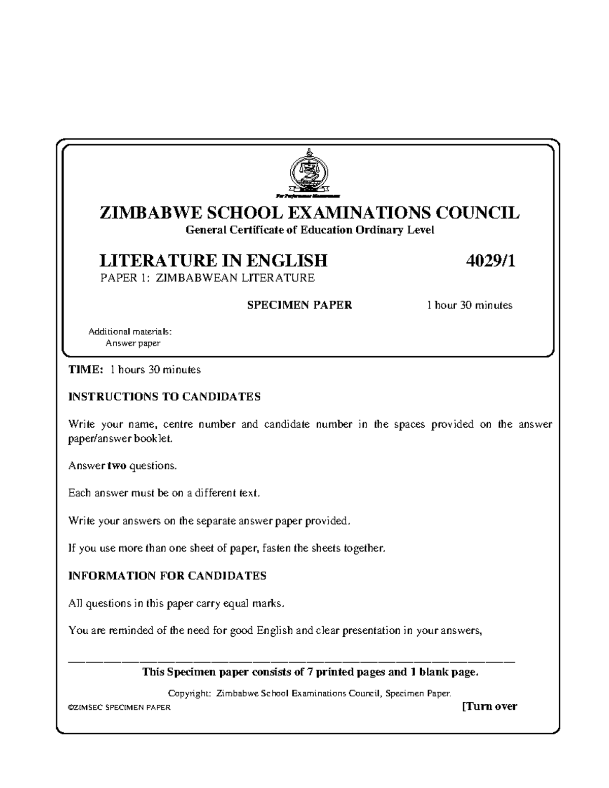 ZIMBABWE SCHOOL EXAMINATIONS COUNCIL GCE O Level Literature Specimen ...