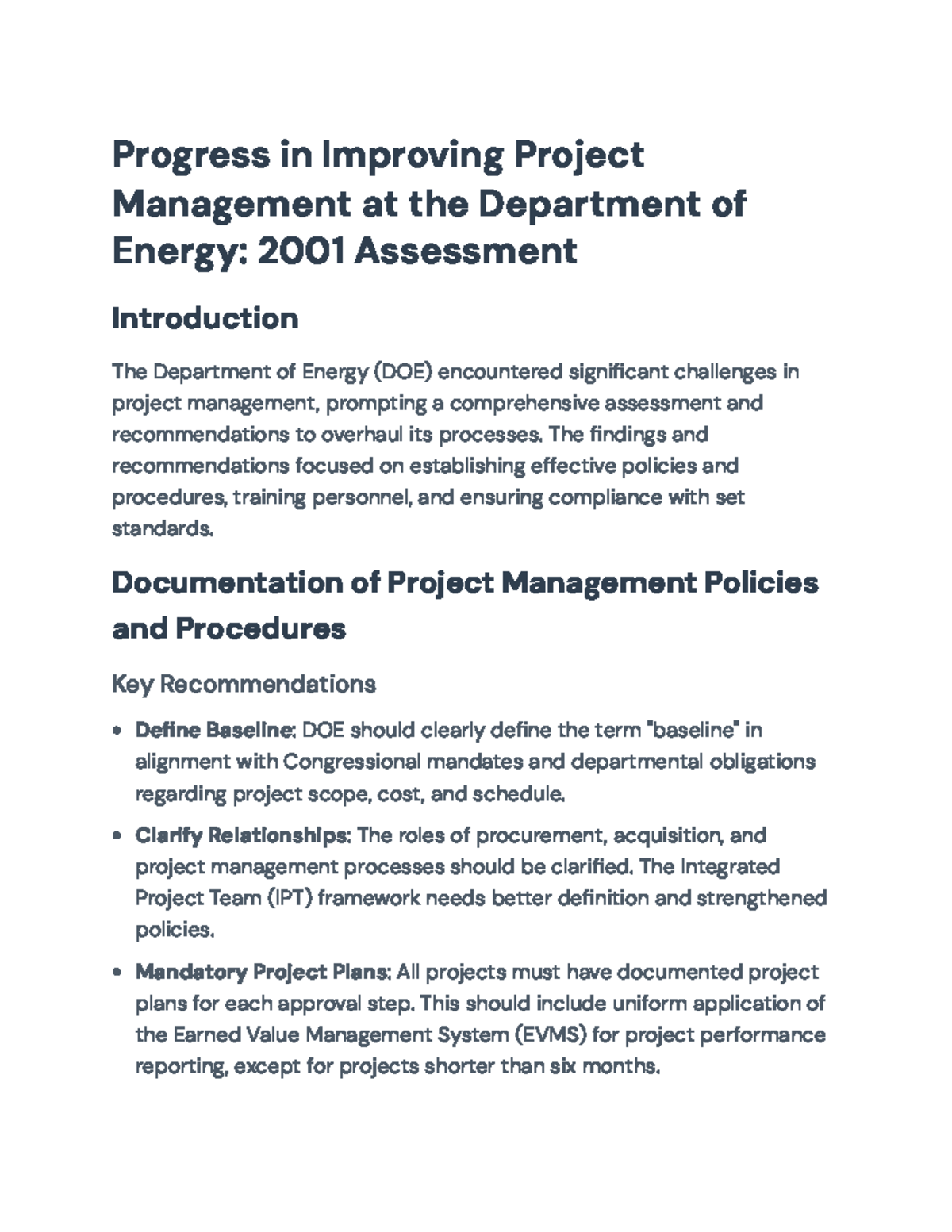 Assessment of Project Management Improvements at DOE: 2001 Review ...