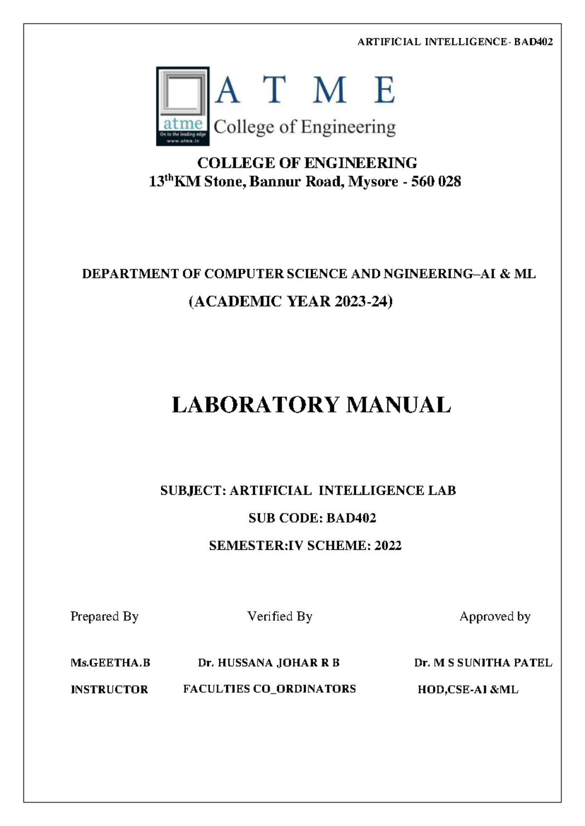 AI LAB Manual BAD402 - Semester IV Laboratory Experiments - Studocu