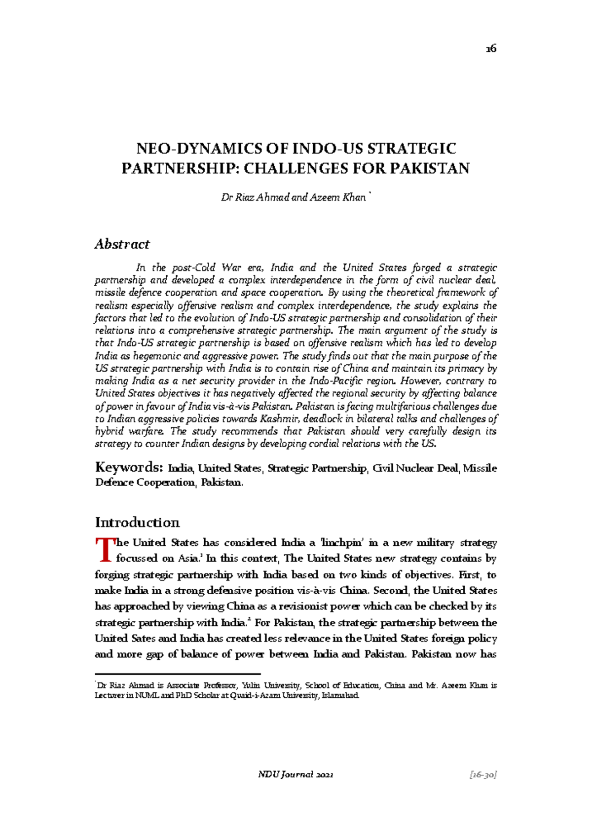 Indo-US Strategic Partnership Dynamics: Implications for Pakistan - Studocu