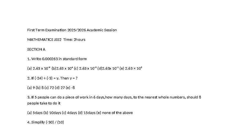 First Term Exam: Mathematics JSS2 Questions and Answers - Studocu