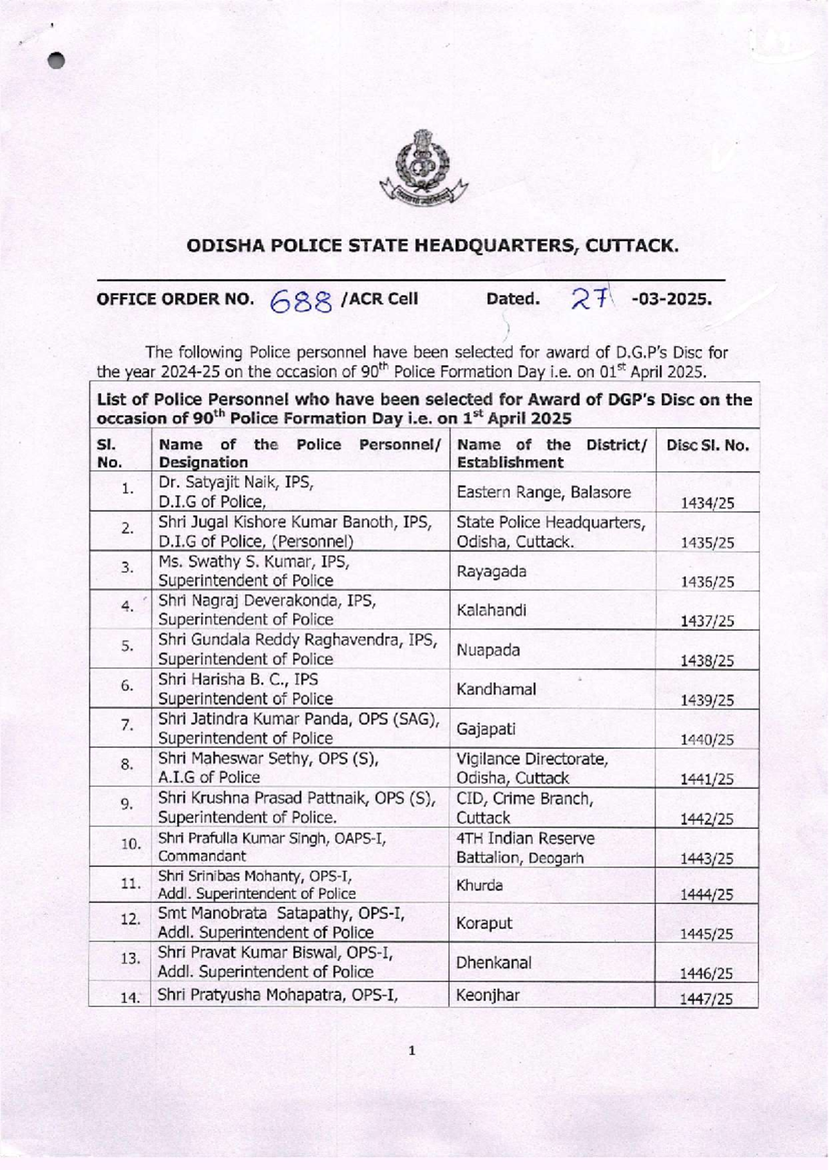 DGP's Disc Awards 2025 - 90th Police Formation Day, Odisha - Studocu
