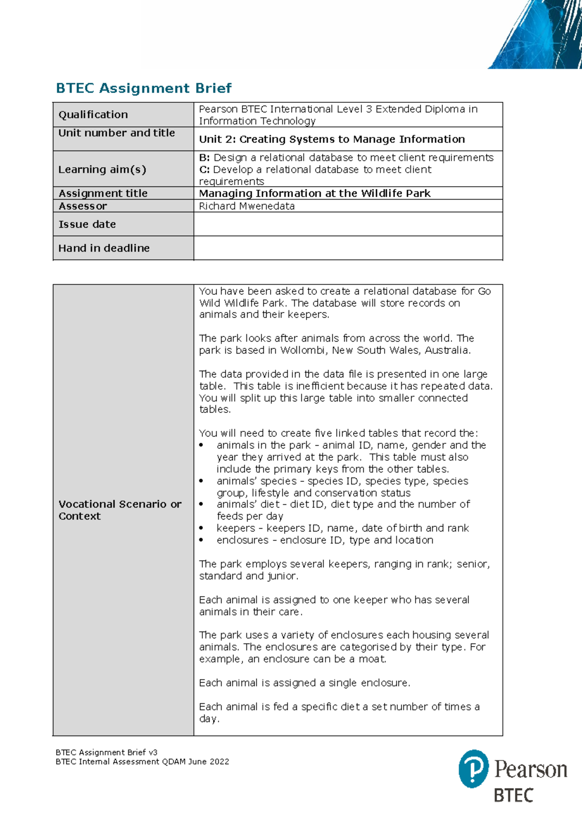 BTEC Level 3 IT Unit 2 Assignment: Database Design for Wildlife Park ...
