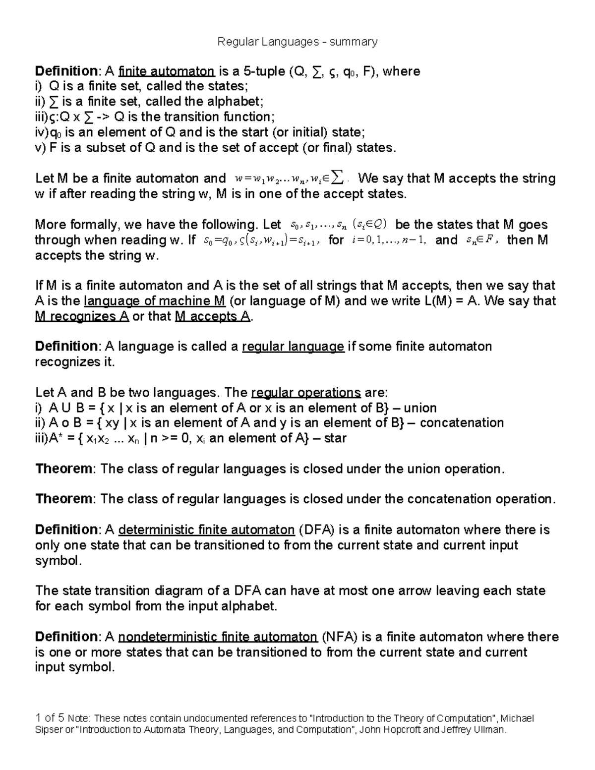 Regular Languages - Lecture Notes on Finite Automata Concepts - Studocu