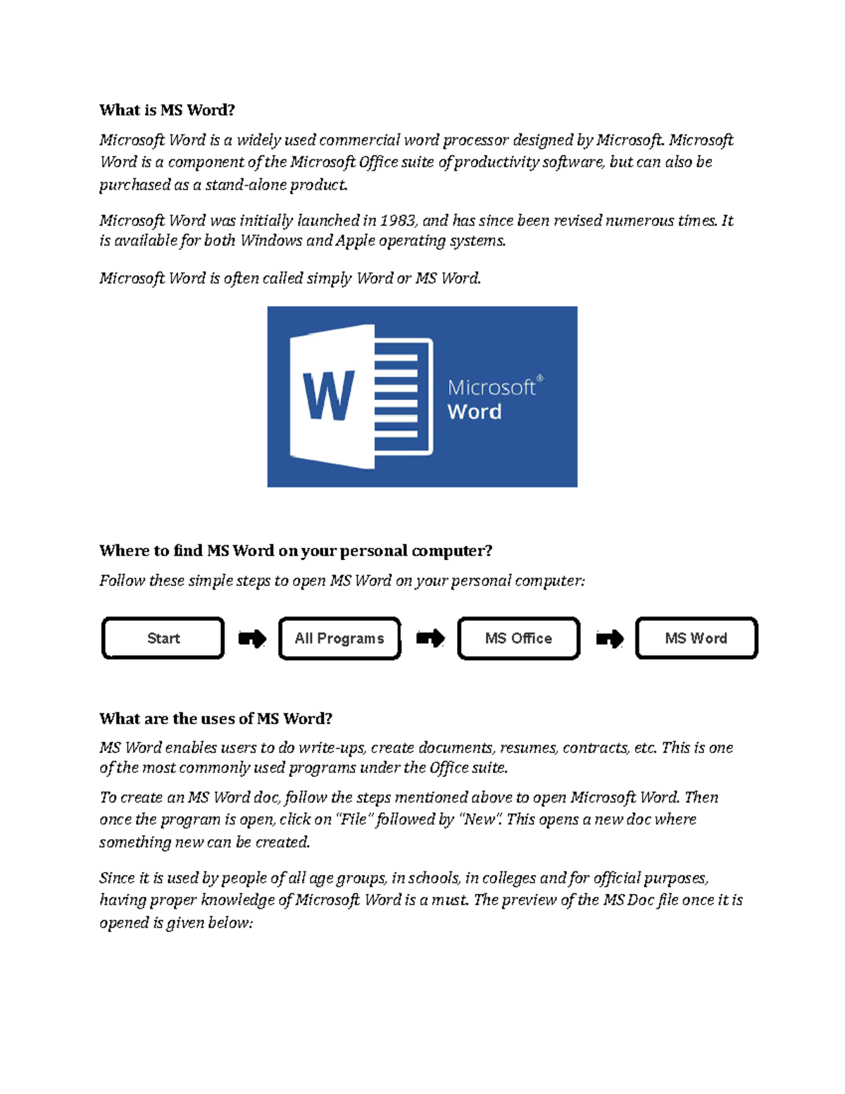 MS Word Lecture Notes: Overview, Features & Applications 1,3,10 - Studocu