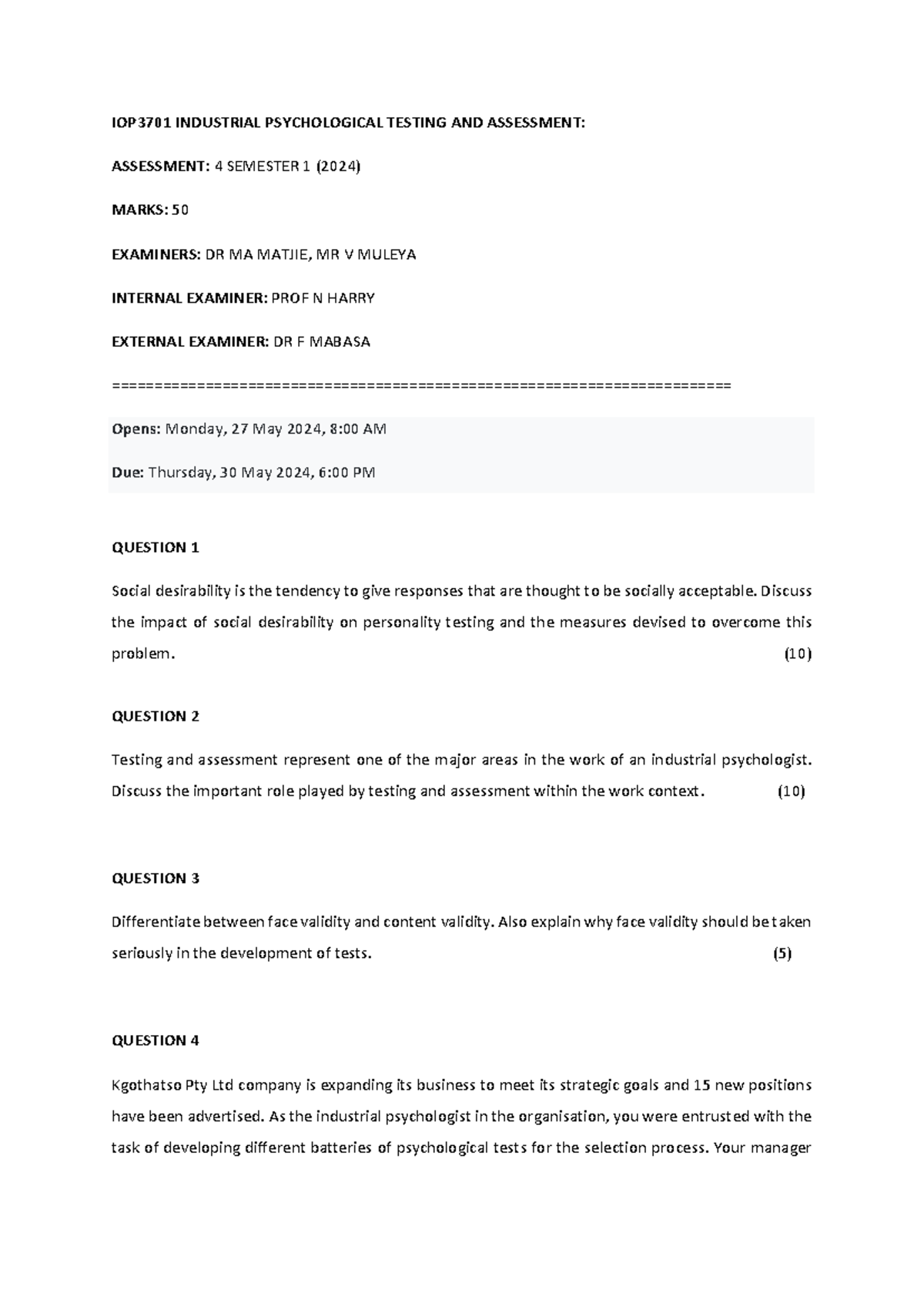 IOP3701 2024 SEM 1 Assessment 4: Industrial Psych Testing Insights ...