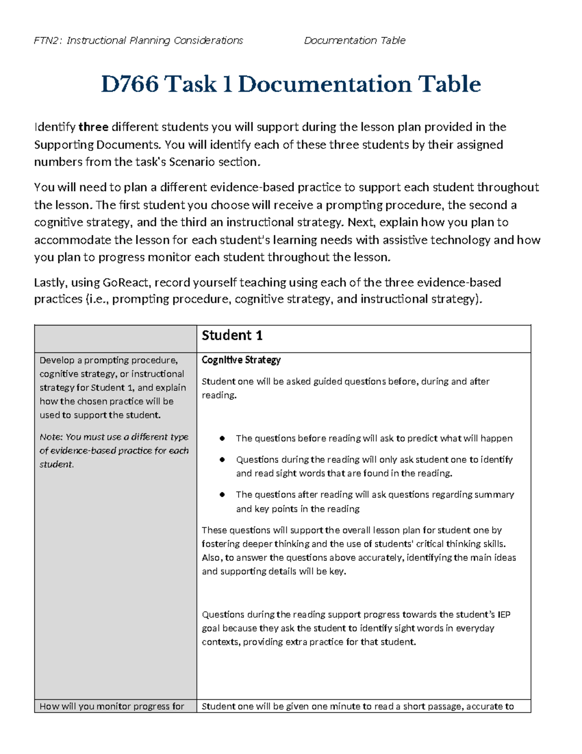 FTN2: Task 1 - Instructional Planning for Diverse Learners - Studocu