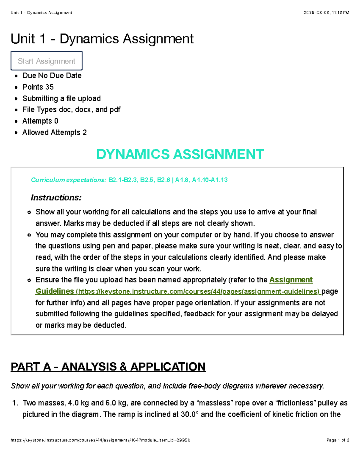 Unit 1 Dynamics Assignment: Analysis and Calculations - Studocu