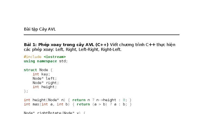 Bài tập Cây AVL Bài 1: Phép xoay và Cấu trúc Cây AVL - Studocu