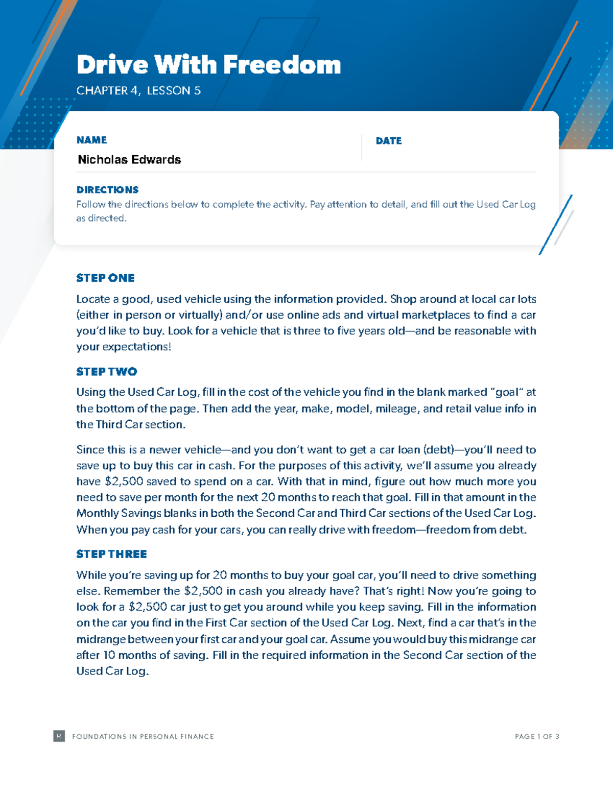 Drive With Freedom CH04: Lesson 5 - Used Car Log Activity Guide - Studocu
