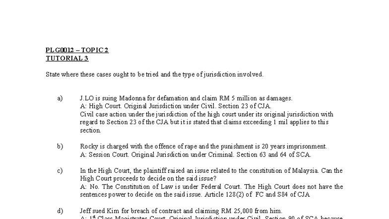 PLG0012 TUTORIAL 3: Jurisdiction Cases Analysis - Studocu