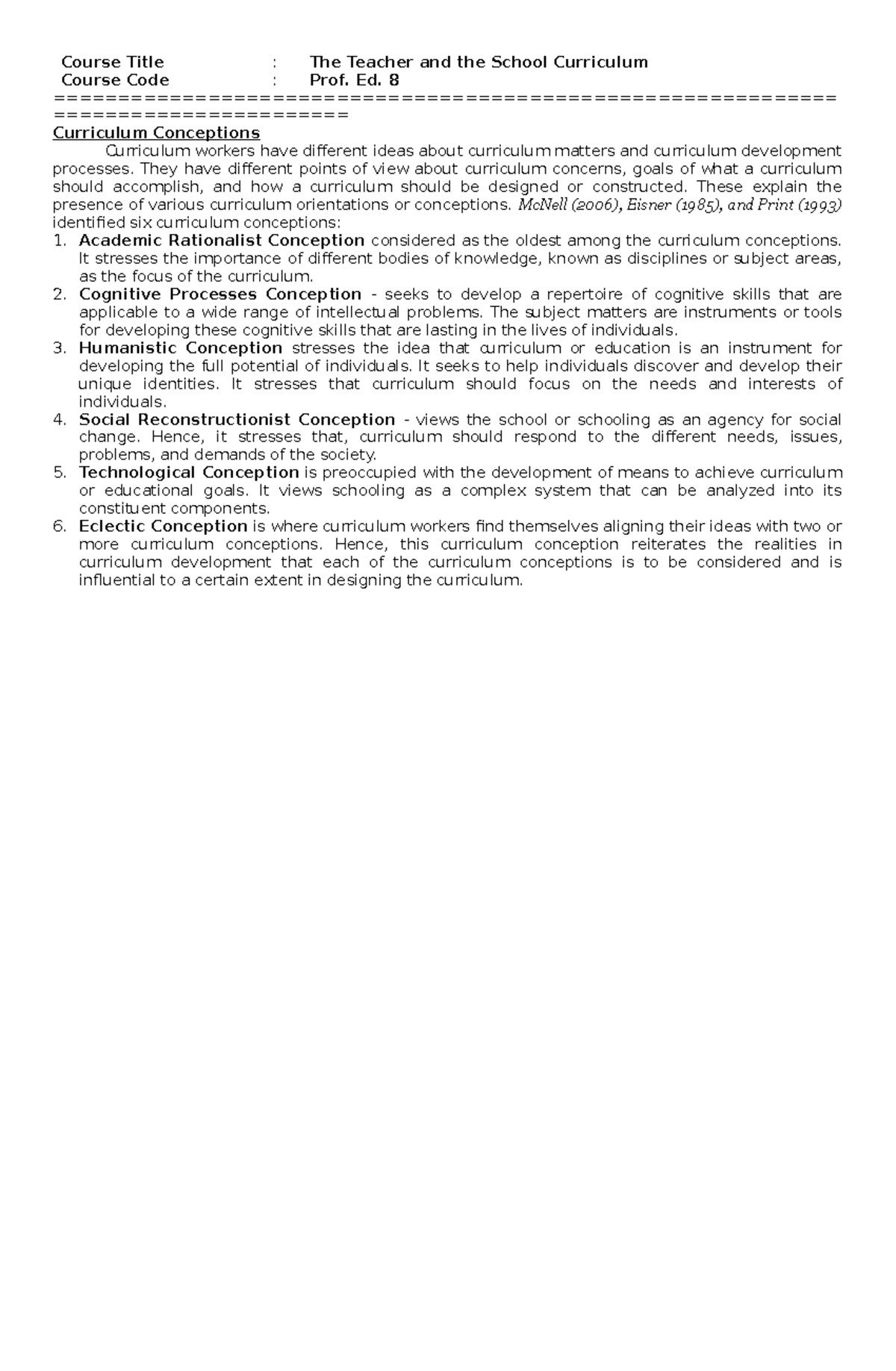 Understanding Curriculum Conceptions - Prof. Ed. 8 Insights - Studocu