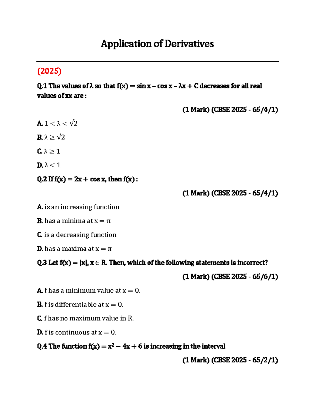 Unit-5 Applications of Derivatives - Previous Year Questions (CBSE 2025 ...