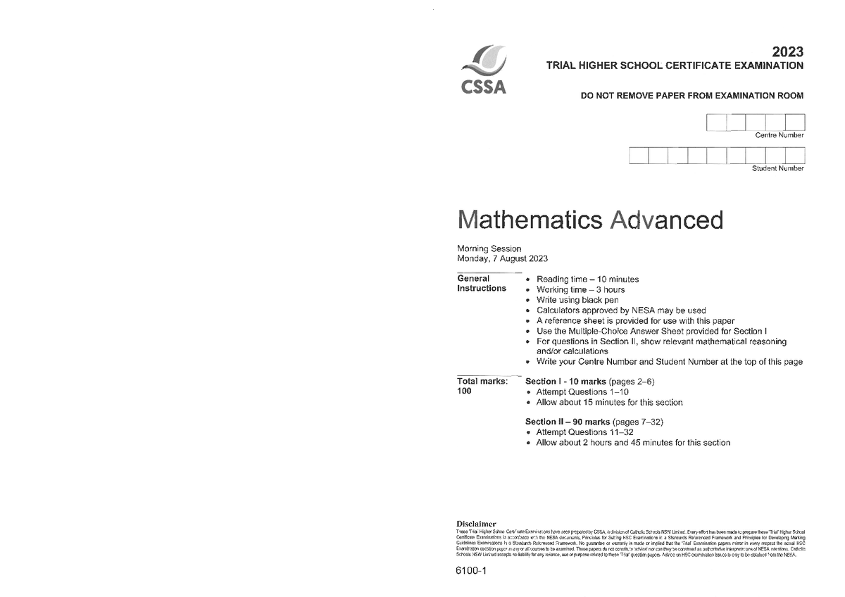 2023 CSSA HSC Math Trial Exam Paper - Advanced Level - Document Preview