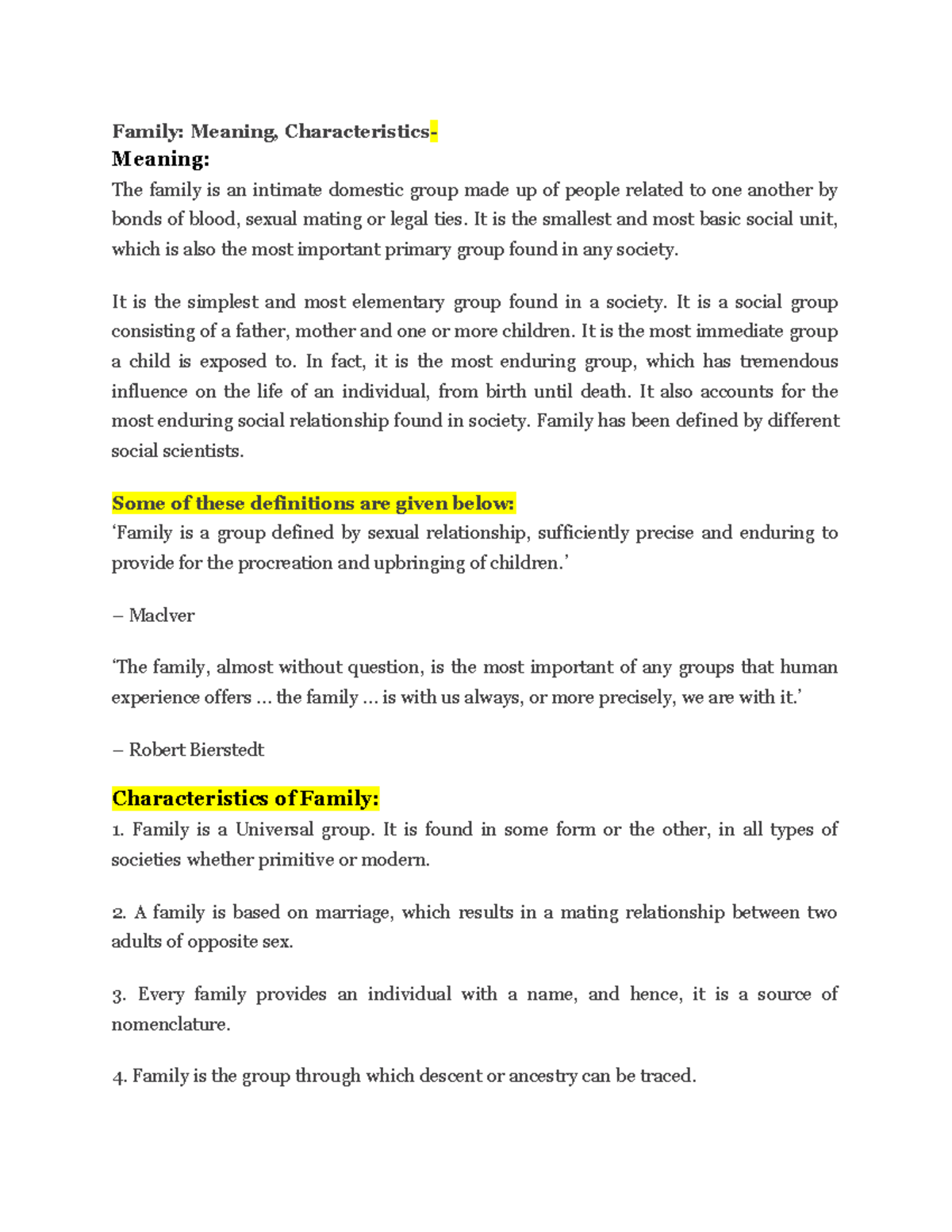 Family - This Is Sem V Ge- 1 Notes - Family: Meaning, Characteristics 