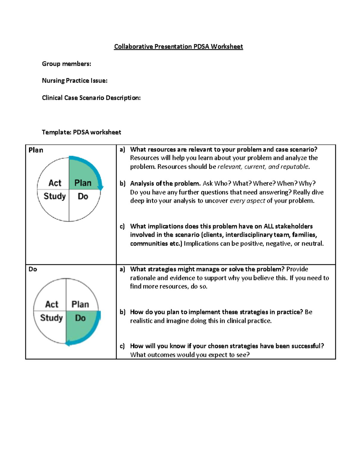 PD4 Collaborative Presentation PDSA Worksheet for Nursing Practice ...