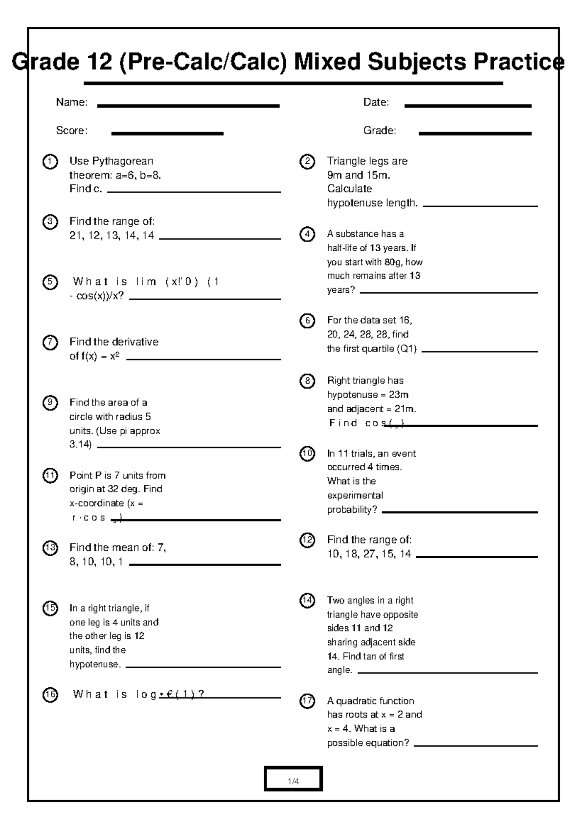 Grade 12 Math Mixed Subjects Practice (Calc) - Studocu