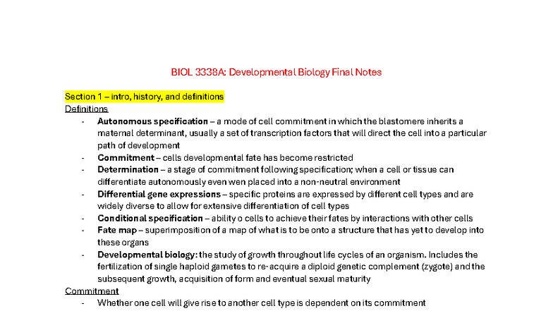 BIOL 301 Developmental Biology Final Exam Notes: Key Concepts and ...