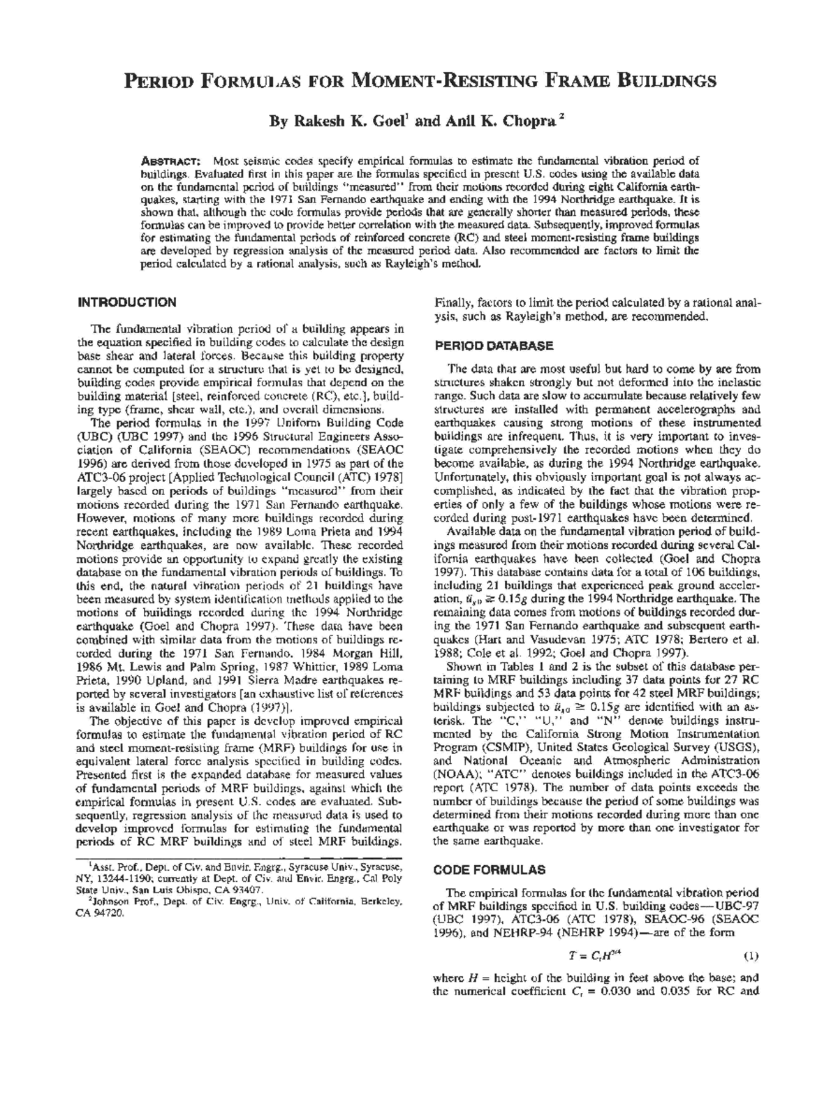 Period Formulas for Moment-Resisting Frame Buildings - PERIOD FORMULAS ...