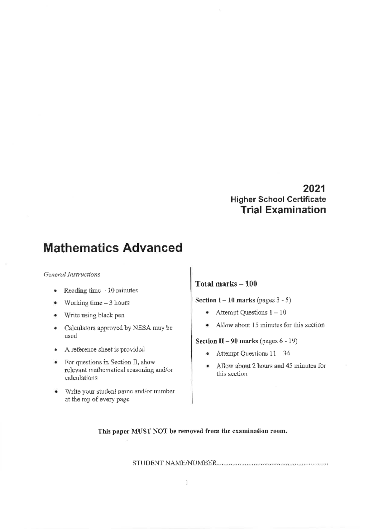 2021 IND Mathematics Advanced Trial Exam Solutions - Studocu