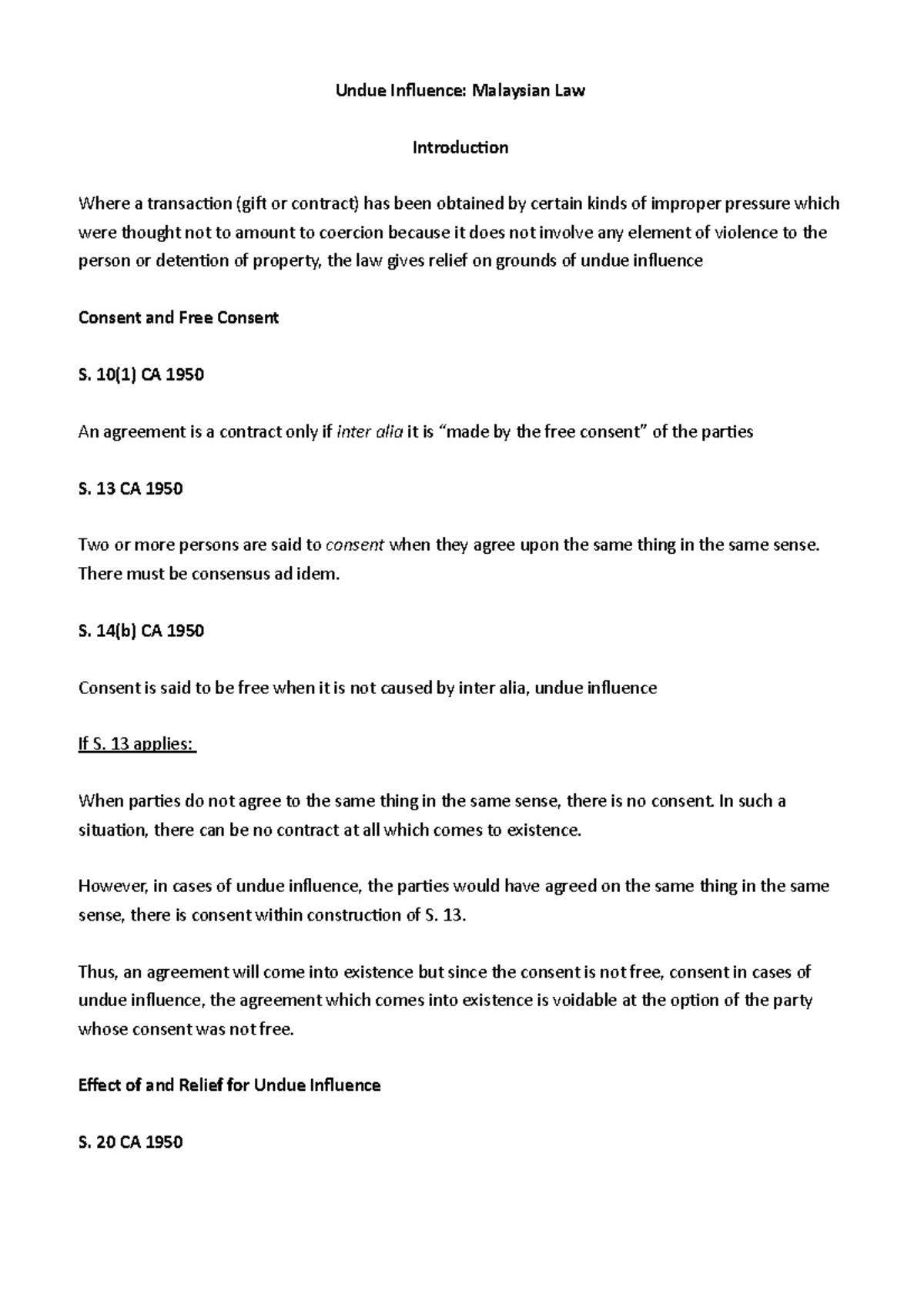 Course Code: LAW101 - Final Exam Notes on Duress and Contract Law - Studocu