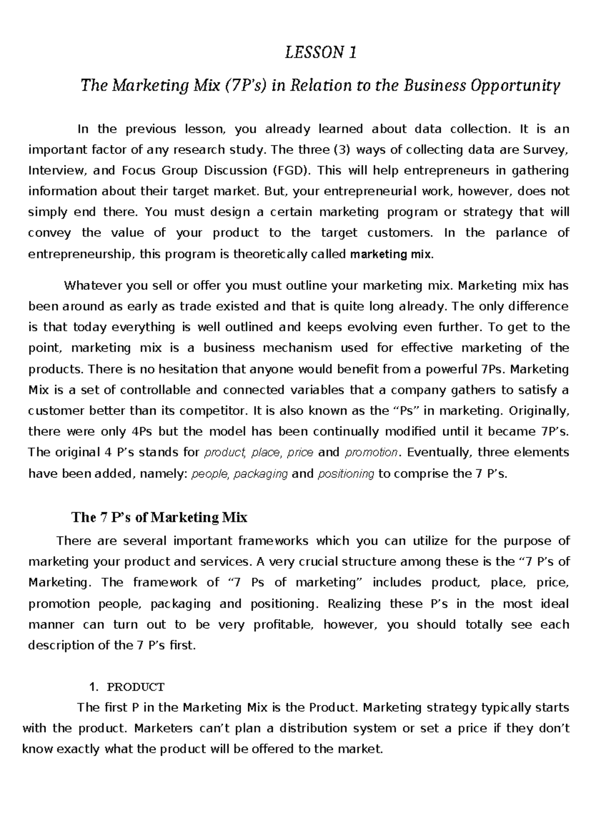 4TH- Group - Lesson 1: Understanding the Marketing Mix Essentials - Studocu