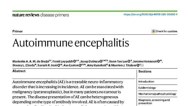 Autoimmune Encephalitis Overview: Nature Reviews Disease Primers 2025 ...