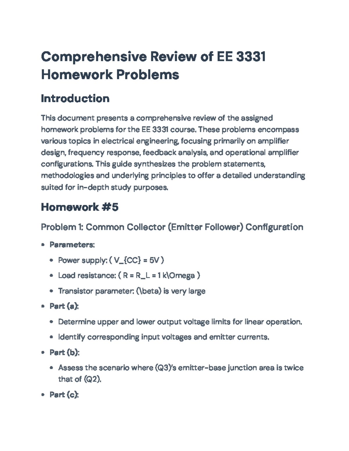 Comprehensive Homework Review for EE 3331: Amplifier Design and ...