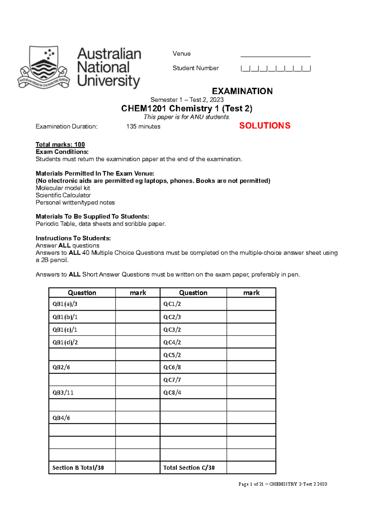 2023 CHEM1201 Test 2 Solutions: Organic Chemistry Exam - Studocu