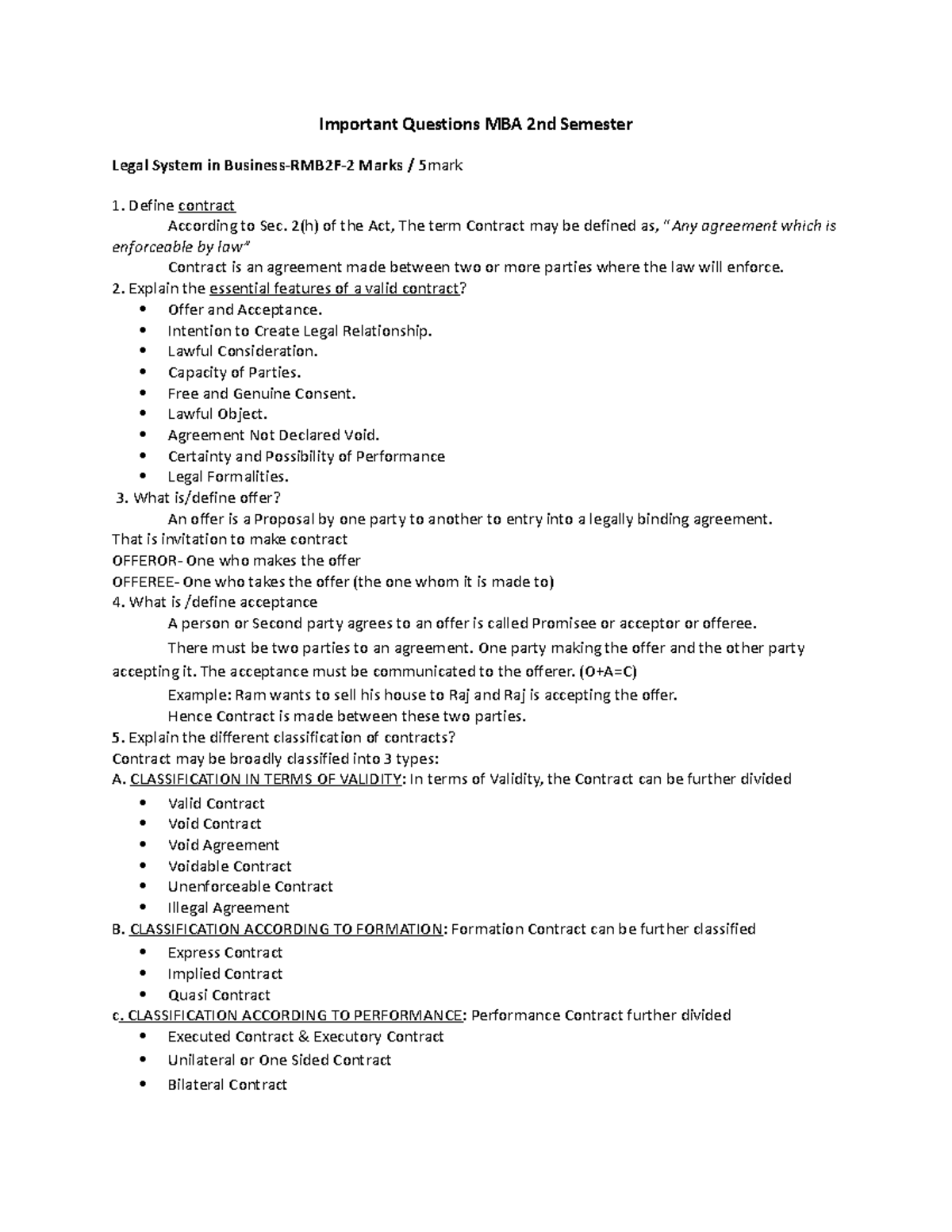Important Questions for MBA 2nd Semester: Legal System in Business ...